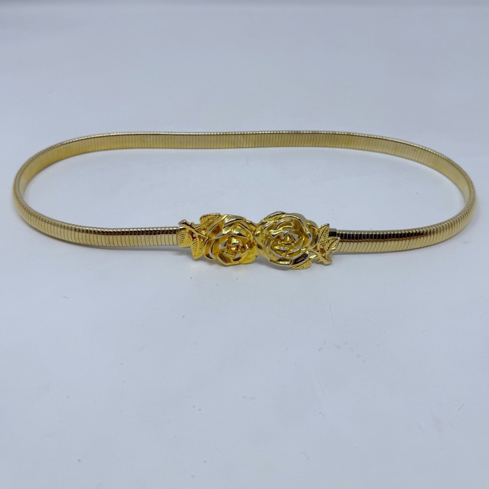 Vintage Gold Tone Metal Snake Chain Belt Double Rose Floral Buckle Stretchy